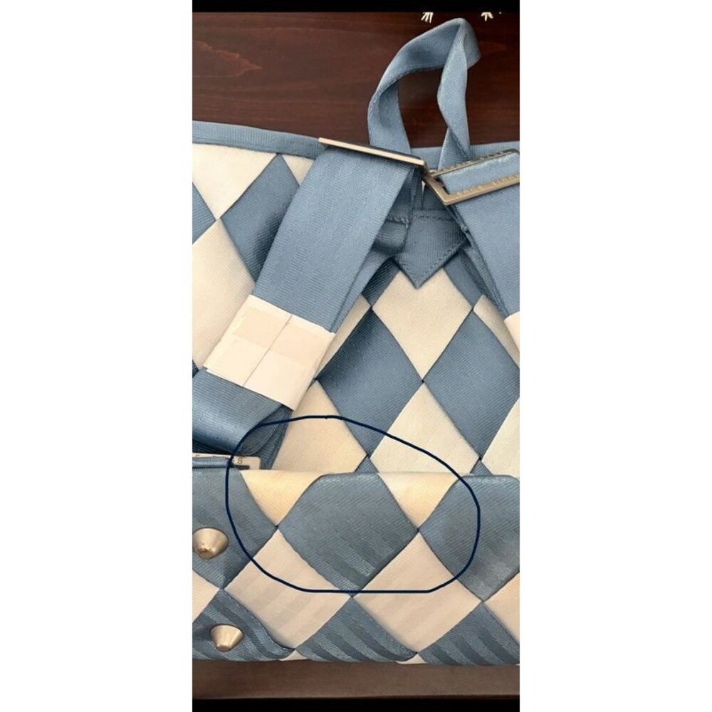 For Sale: Maggie Bags Woven Seatbelt Backpack Blue/Cream Checkerboard - Picture 3 of 3